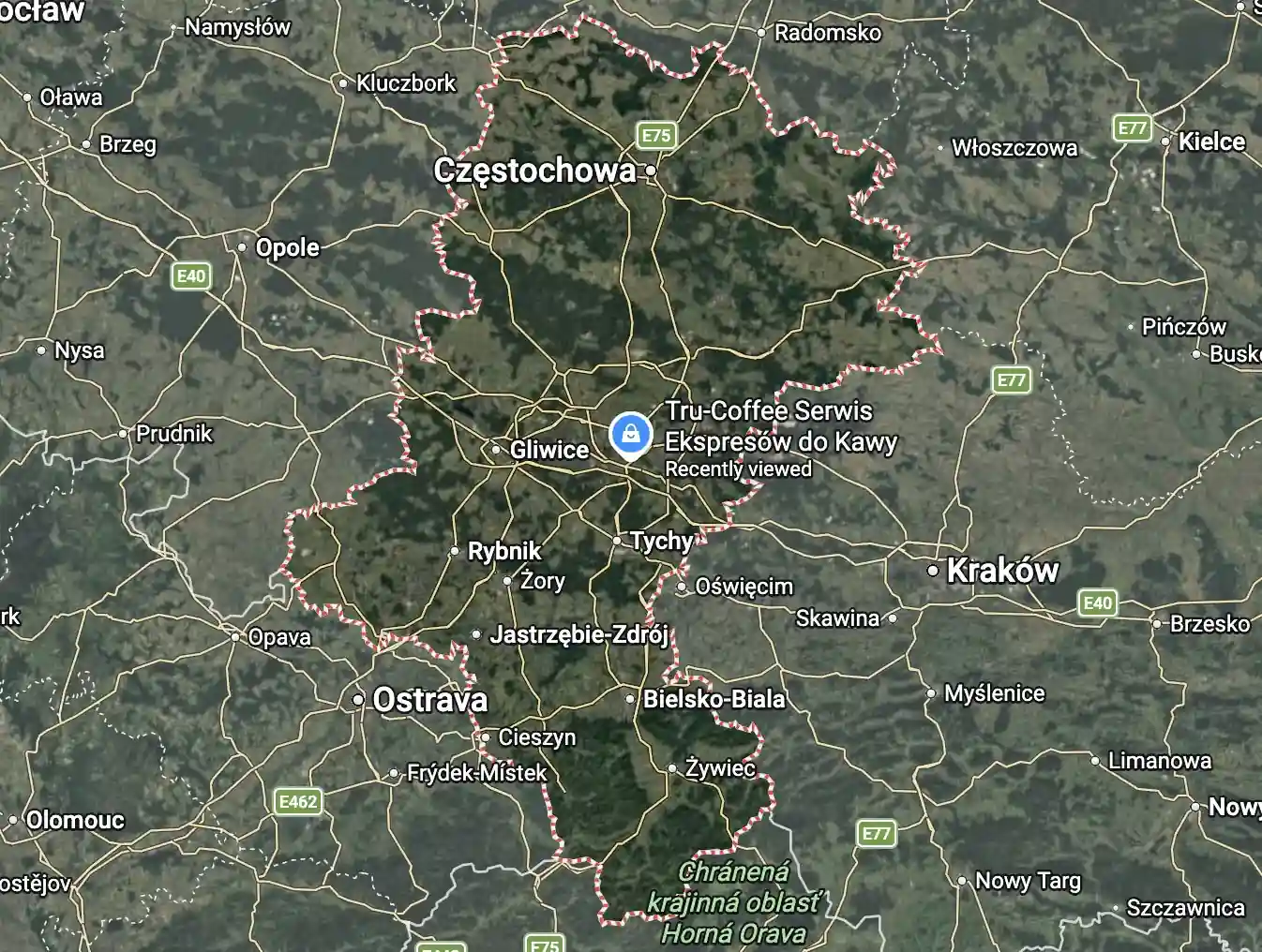Mapa dojazdu: Żywiec – warsztat Tru Coffee w Katowicach